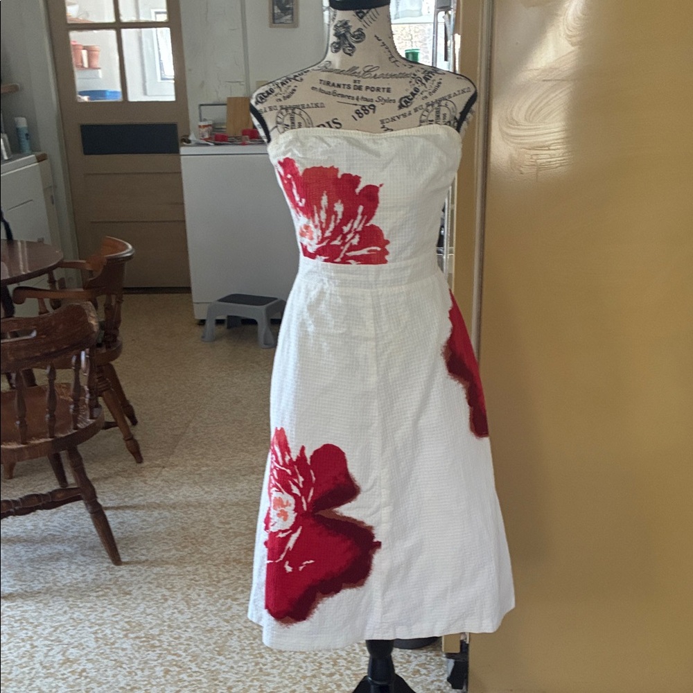 J. Crew White Strapless Dress with Red Floral Print